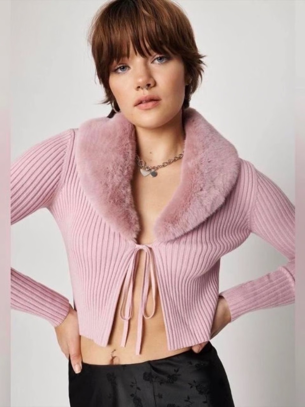 Garage Women's Pink Faux Fur Collar Ribbed Cardigan Sweater